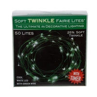 16.3' Battery Operated 50L Cool White Soft Twinkle Fairy LED Green Wire Light Set In PDQ