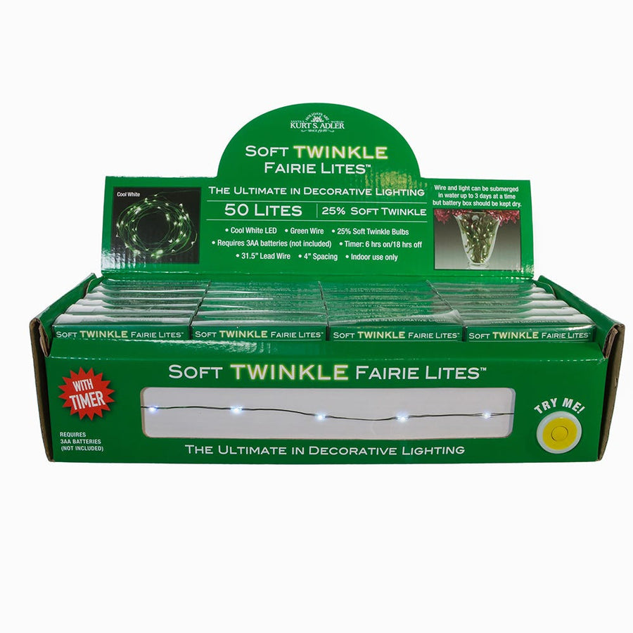 16.3' Battery Operated 50L Cool White Soft Twinkle Fairy LED Green Wire Light Set In PDQ