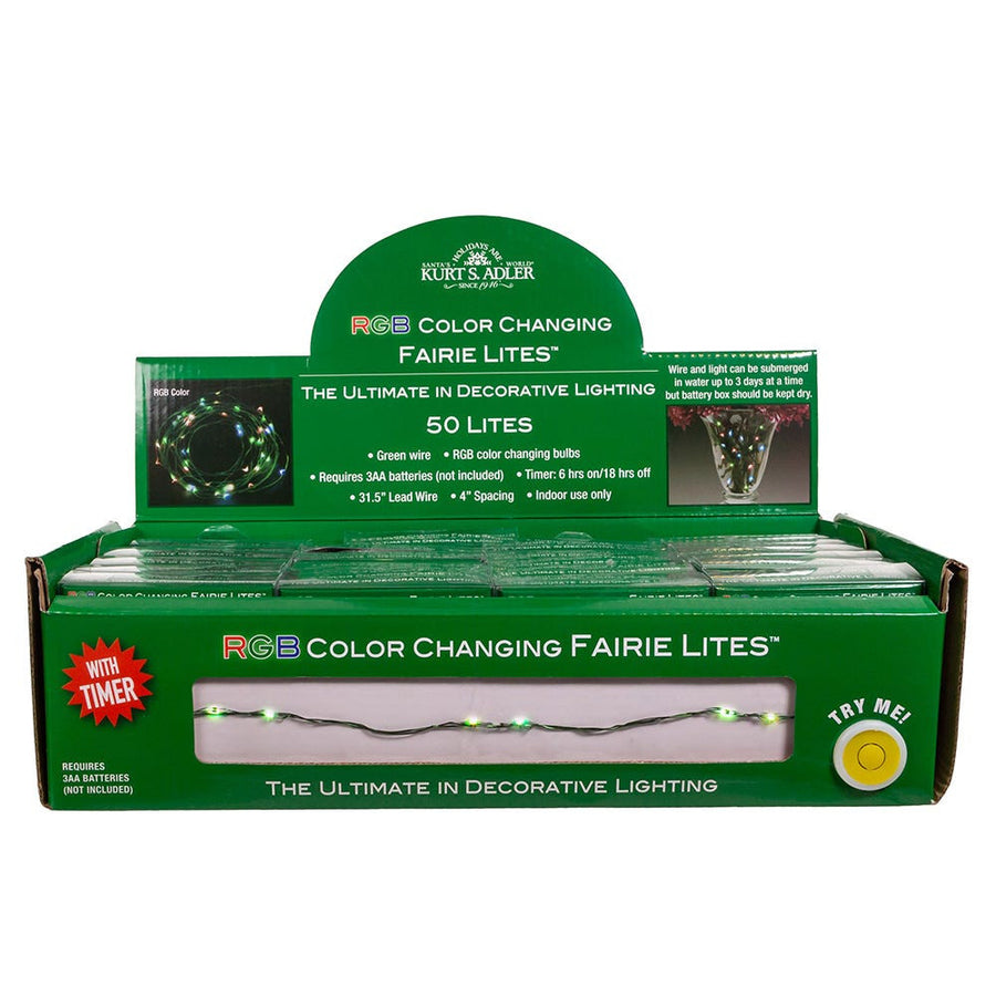16.3' Battery Operated 50L Color Changing RGB Fairy LED Green Wire Light Set In PDQ