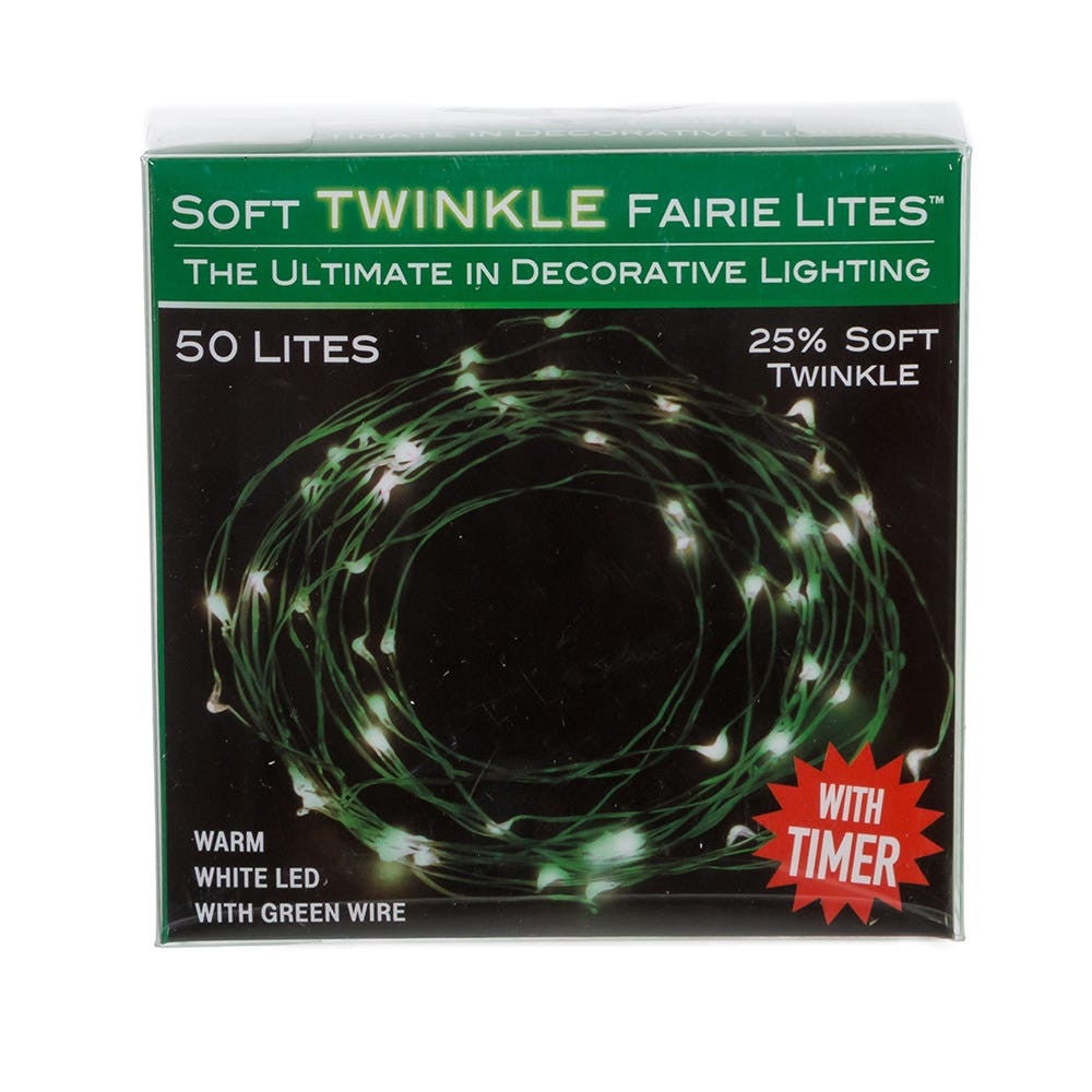 16.3' Battery Operated 50L Warm White Soft Twinkle Fairy LED Green Wire Light Set In PDQ