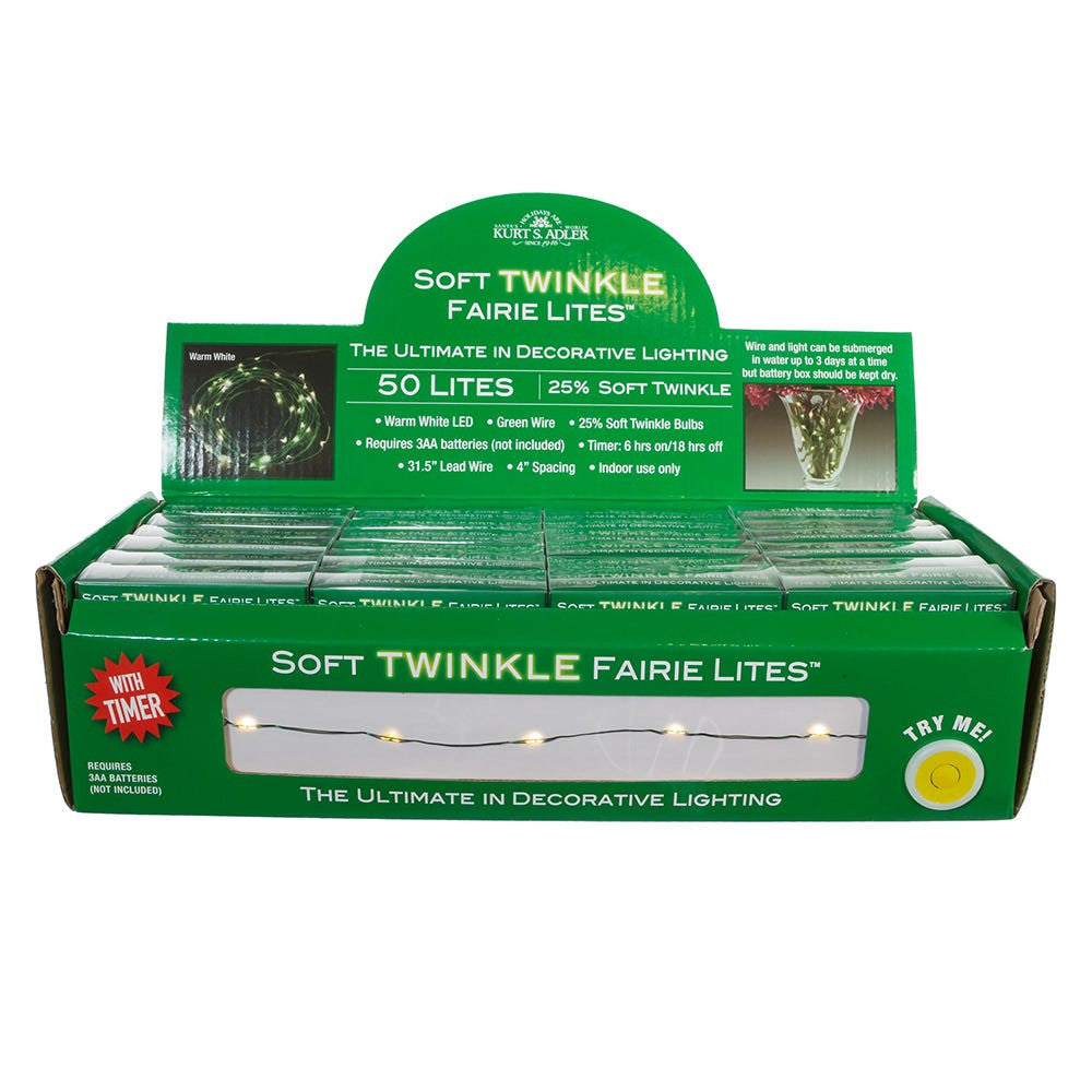 16.3' Battery Operated 50L Warm White Soft Twinkle Fairy LED Green Wire Light Set In PDQ