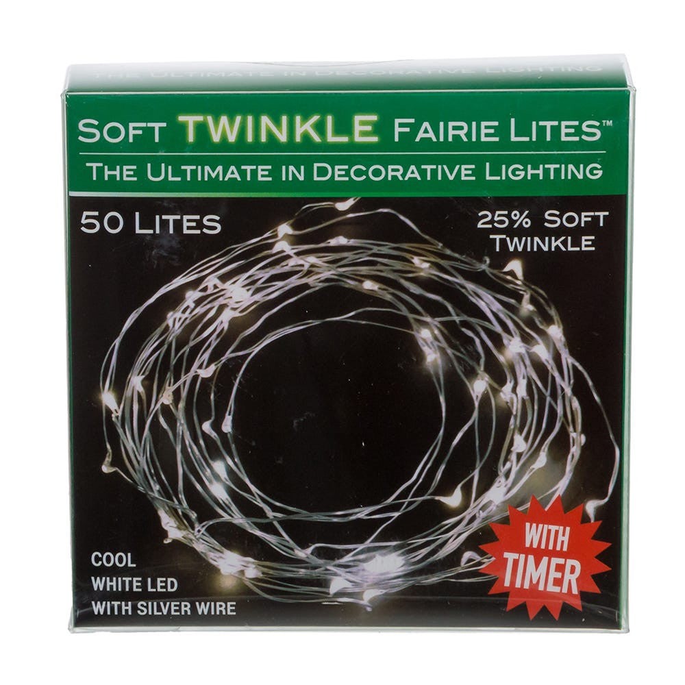 16.3' Battery Operated 50L Cool White Soft Twinkle Fairy LED Silver Wire Light Set In PDQ