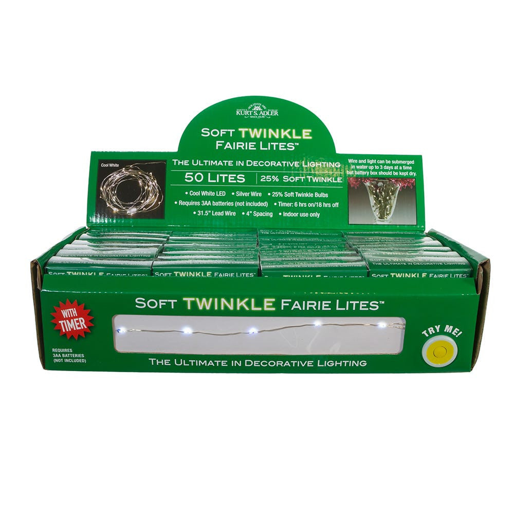 16.3' Battery Operated 50L Cool White Soft Twinkle Fairy LED Silver Wire Light Set In PDQ