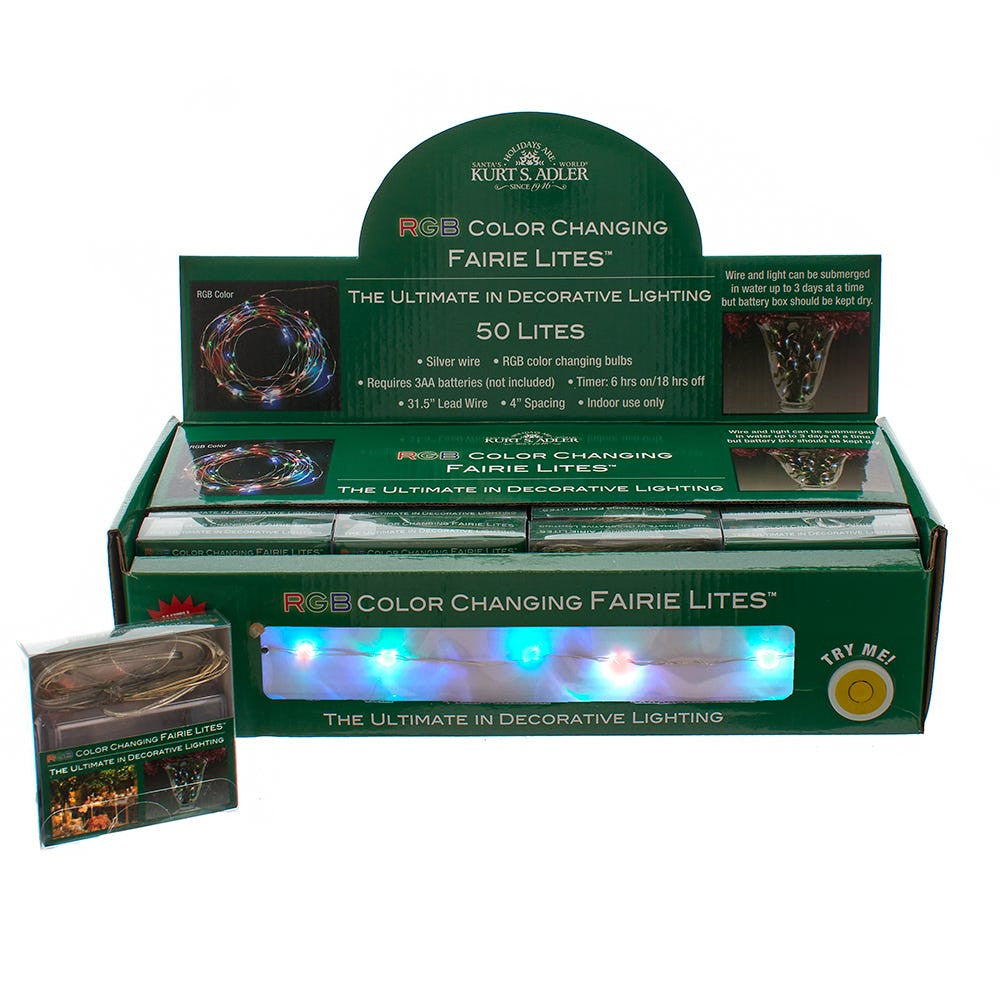 16.3' Battery Operated 50L Color Changing RGB Fairy LED Silver Wire Light Set In PDQ