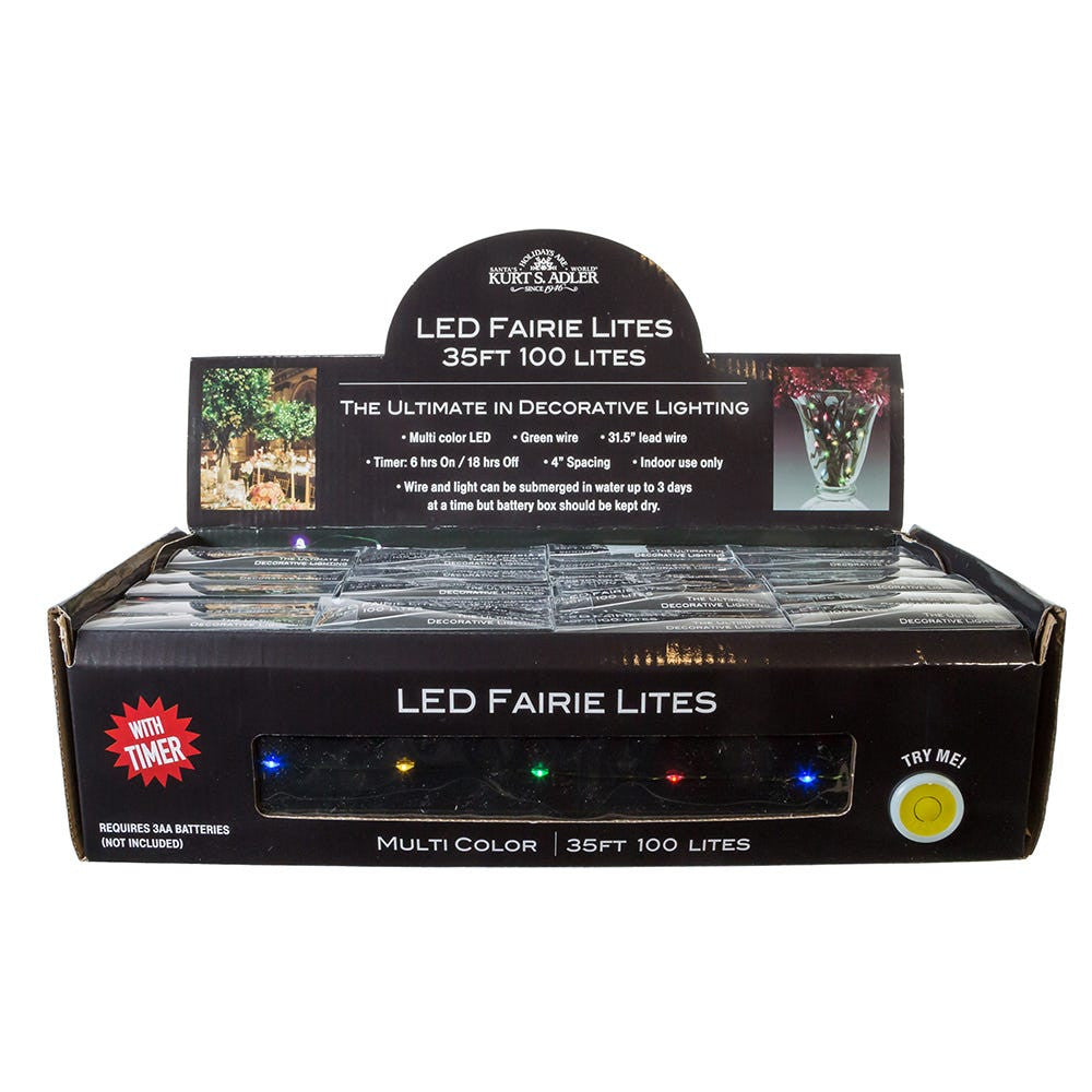 33' Battery Operated 100L Multicolor Fairy LED Green Wire Light Set In PDQ