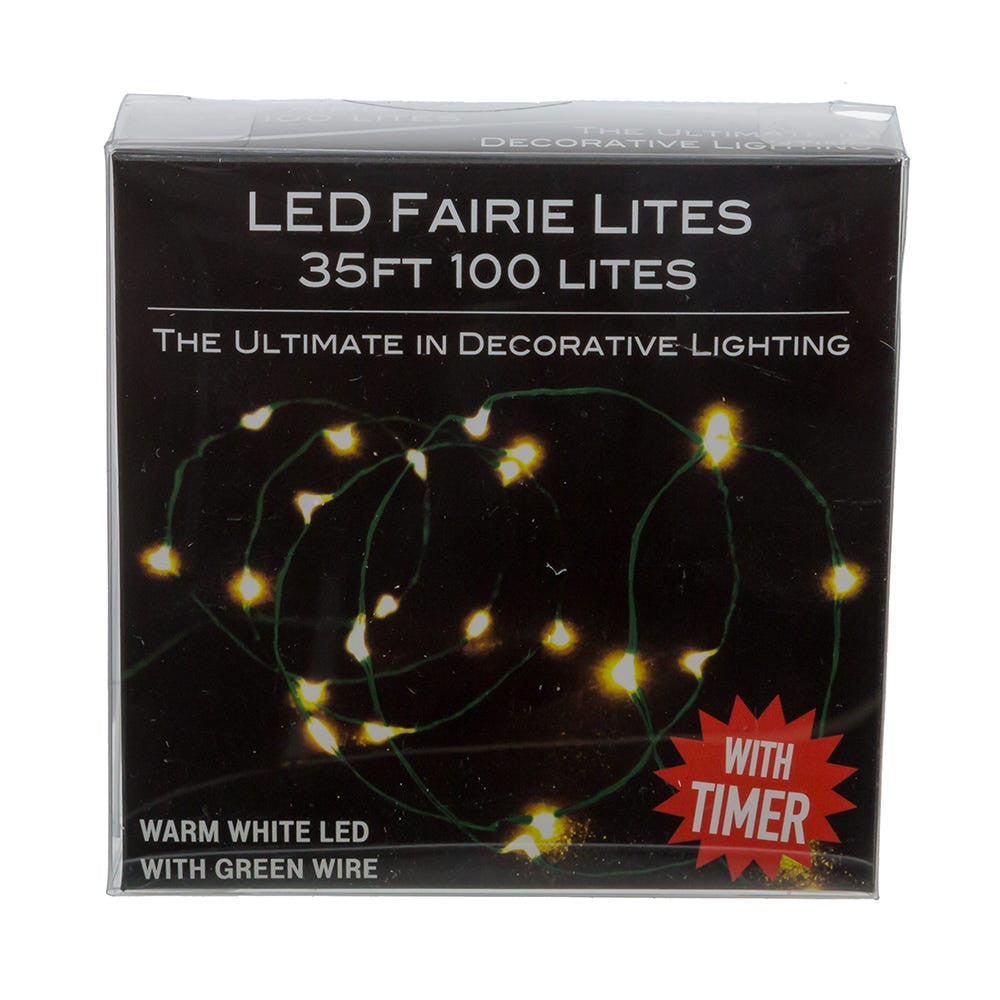 33' Battery Operated 100L Warm White Fairy LED Green Wire Light Set In PDQ