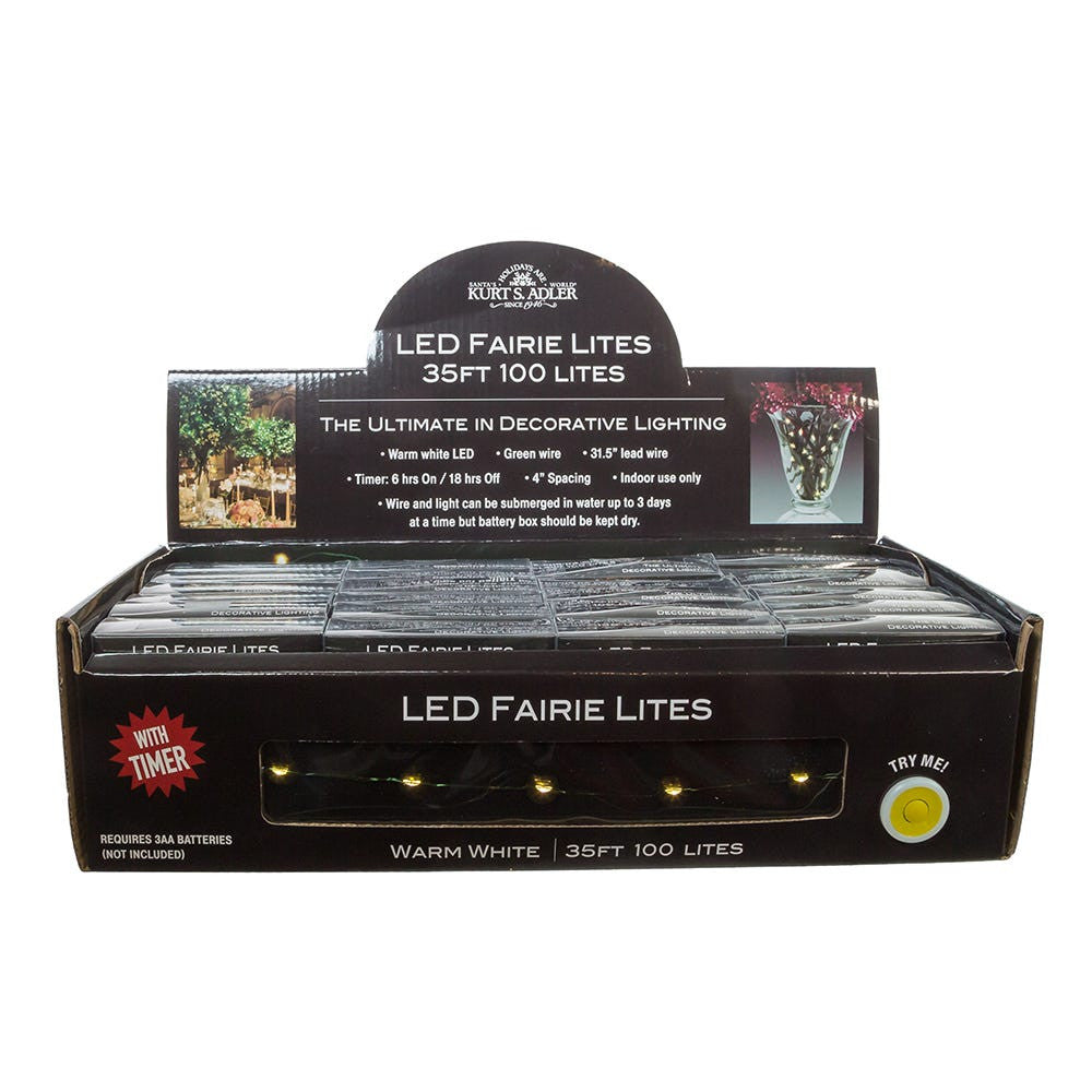 33' Battery Operated 100L Warm White Fairy LED Green Wire Light Set In PDQ