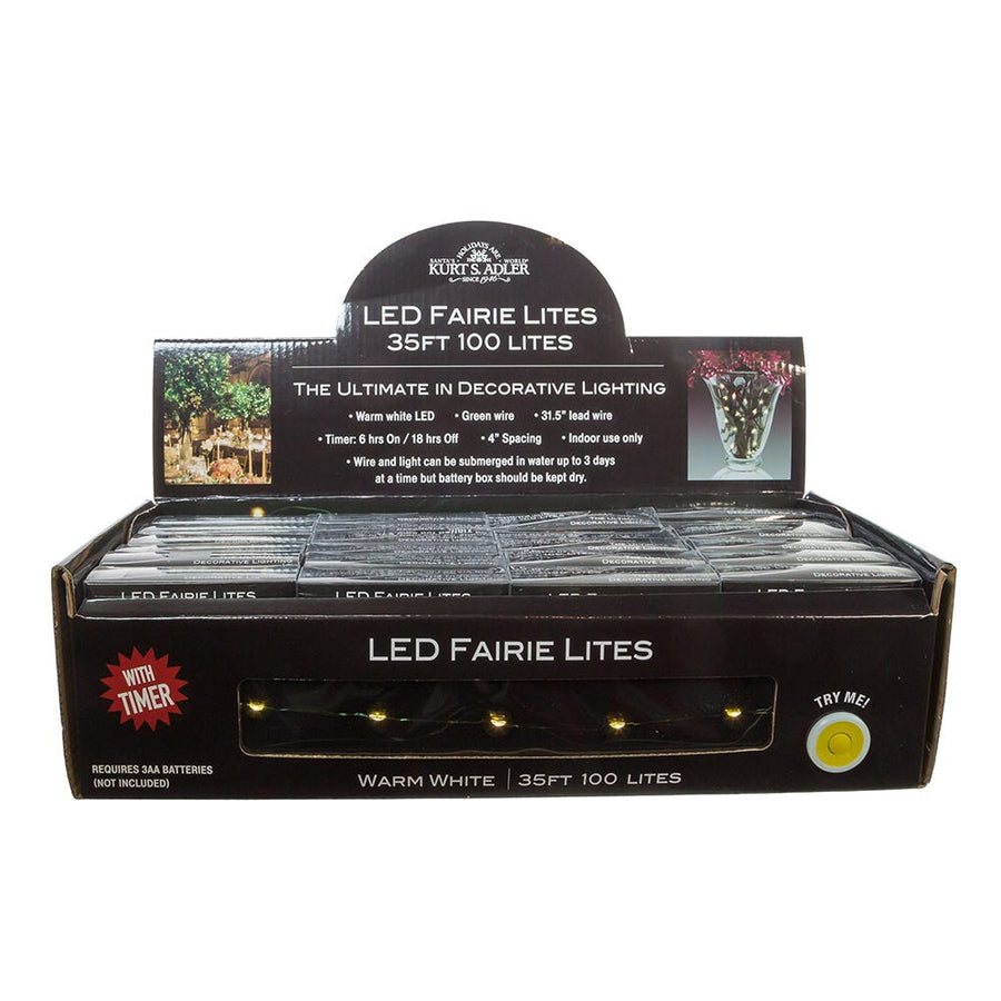 33' Battery Operated 100L Warm White Fairy LED Green Wire Light Set In PDQ
