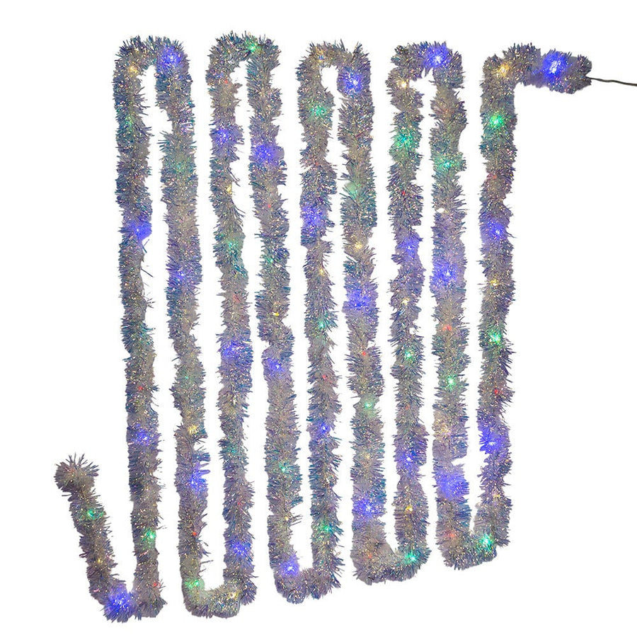 34.8' Battery Operated 100L Multicolor Superbright LED Silver Iridescent Tinsel Garland