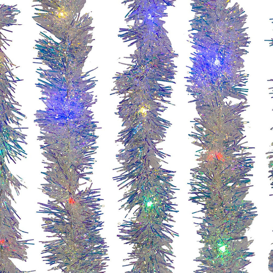 34.8' Battery Operated 100L Multicolor Superbright LED Silver Iridescent Tinsel Garland