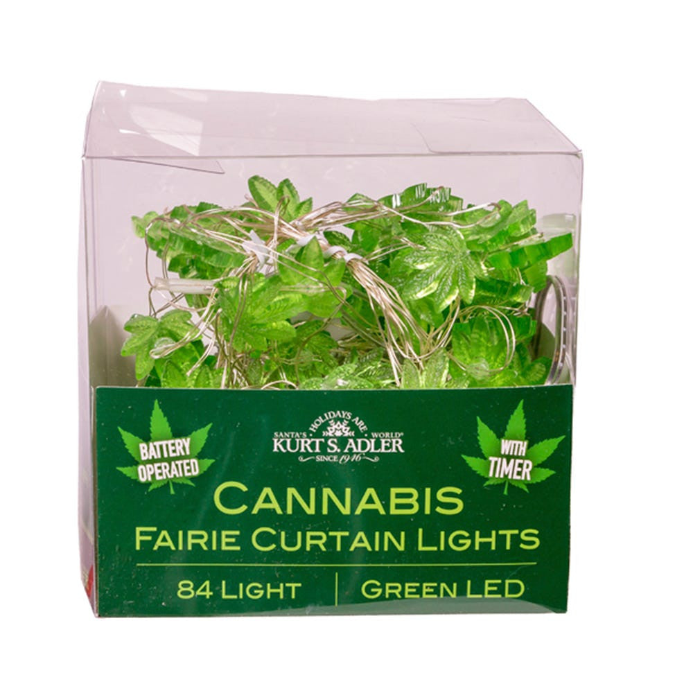 5.4' Battery Operated 84L 7-Drop Green Fairy LED Cannabis Leaf Curtain Light