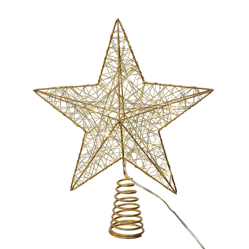 11.8" Battery Operated Warm White LED 5-Point Gold Metal Star Treetop