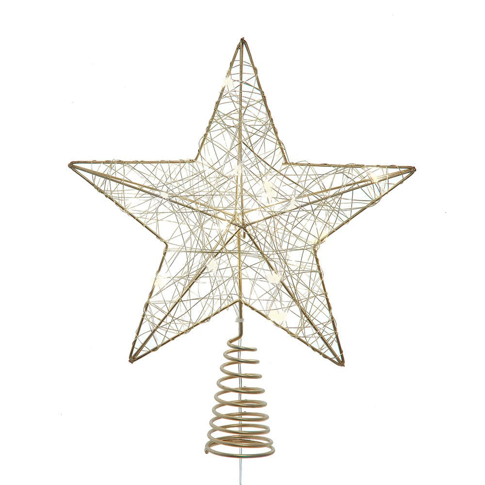 11.8" Battery Operated Warm White LED 5-Point Gold Metal Star Treetop