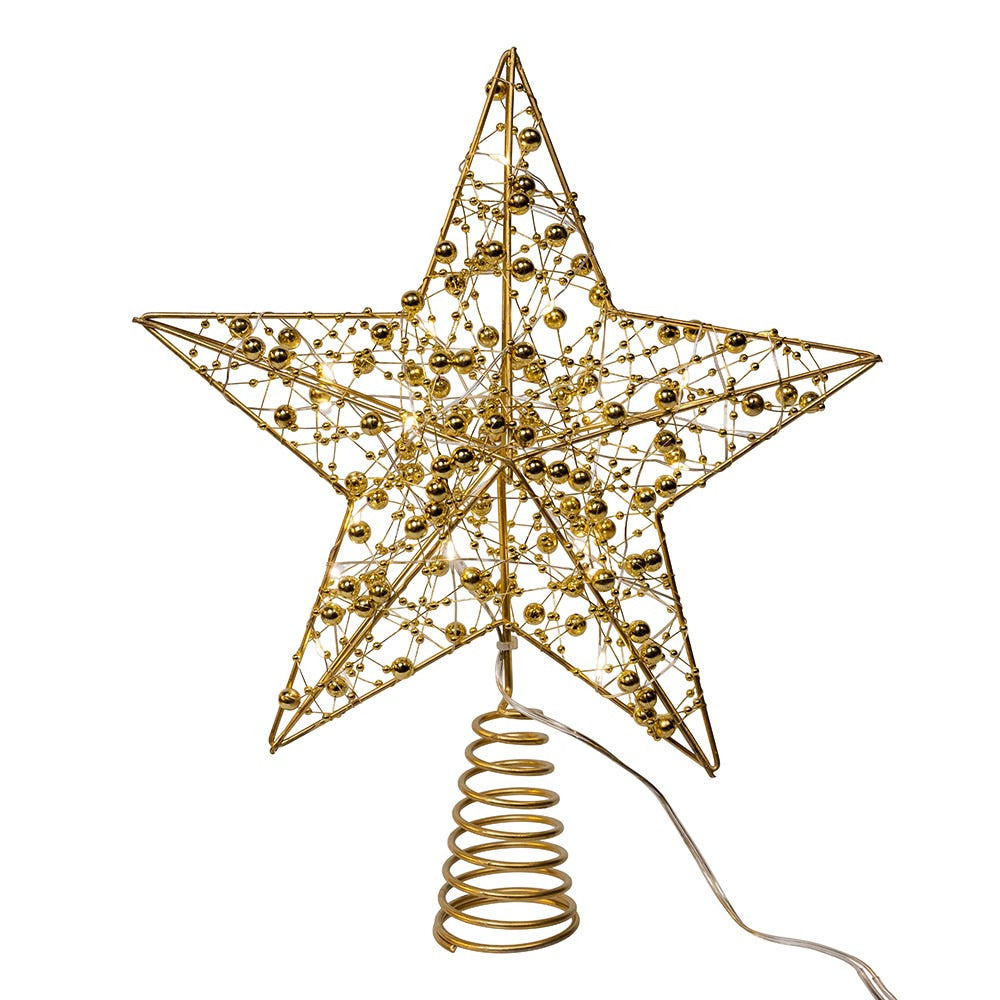 11.8" Battery Operated Warm White LED 5-Point Gold Beaded Metal Star Treetop
