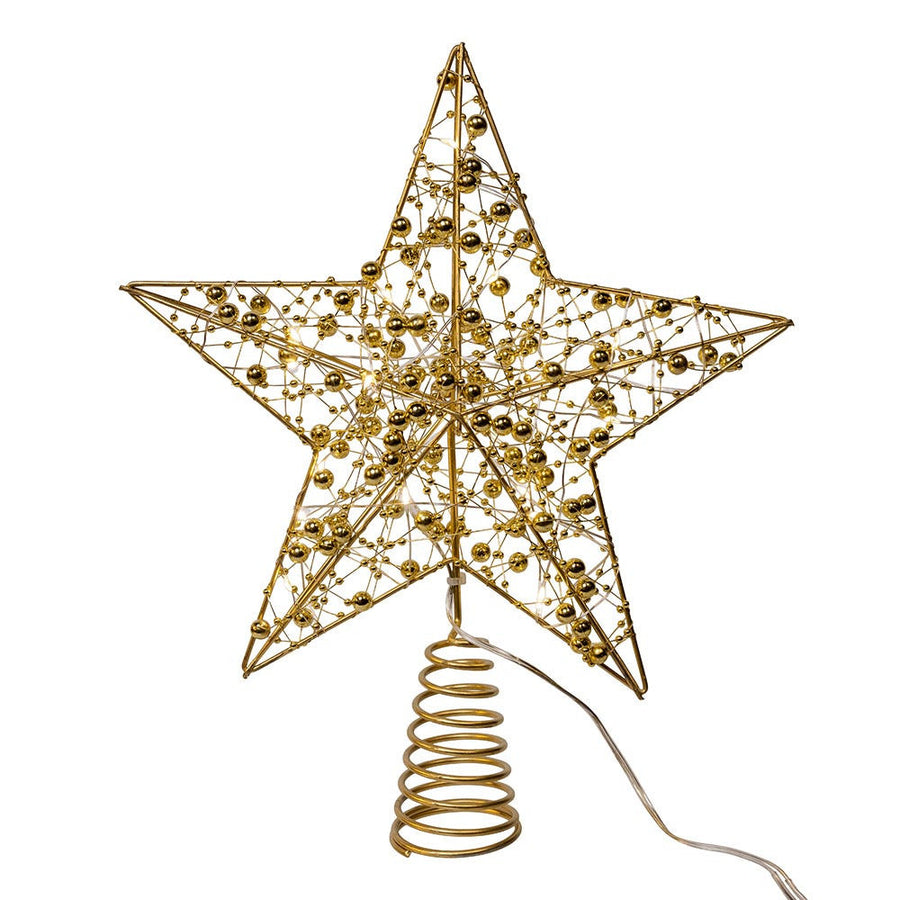 11.8" Battery Operated Warm White LED 5-Point Gold Beaded Metal Star Treetop