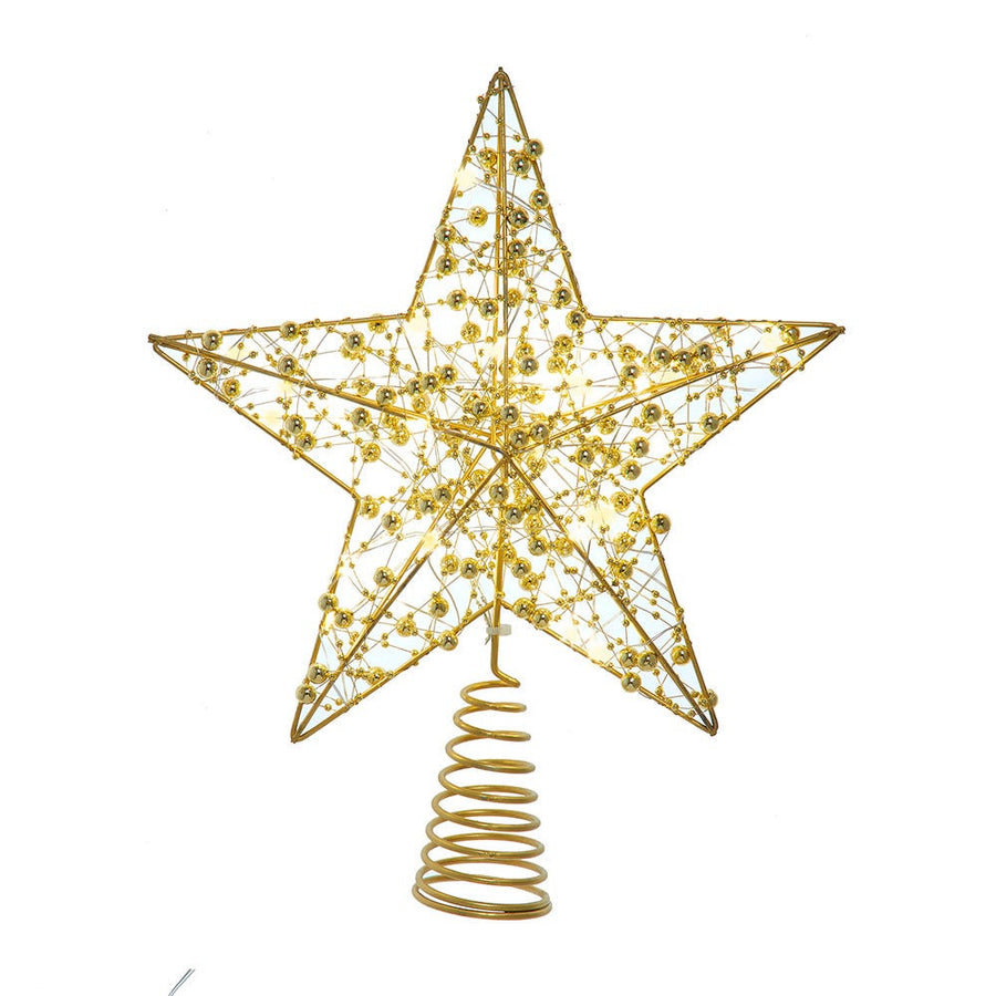 11.8" Battery Operated Warm White LED 5-Point Gold Beaded Metal Star Treetop