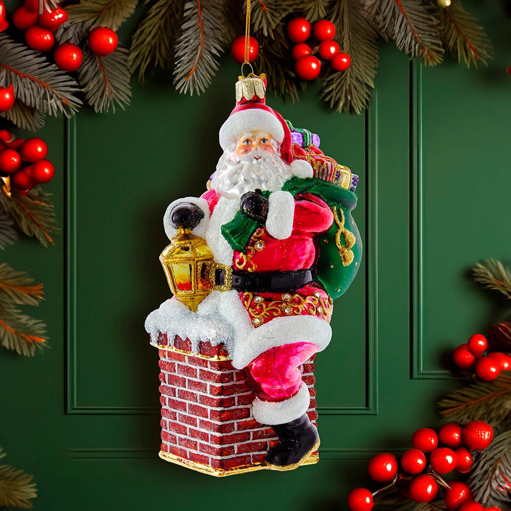 Bellissimo Glass Santa In Chimney Ornament
