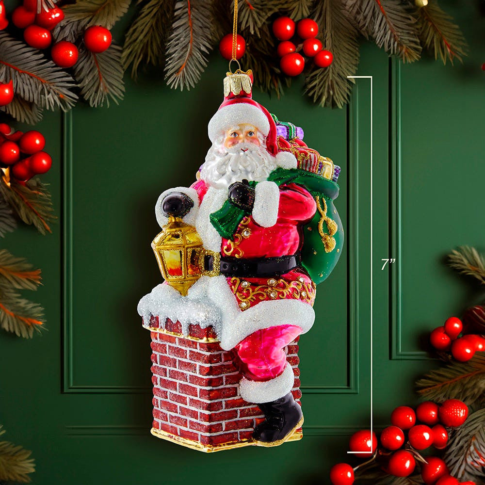 Bellissimo Glass Santa In Chimney Ornament