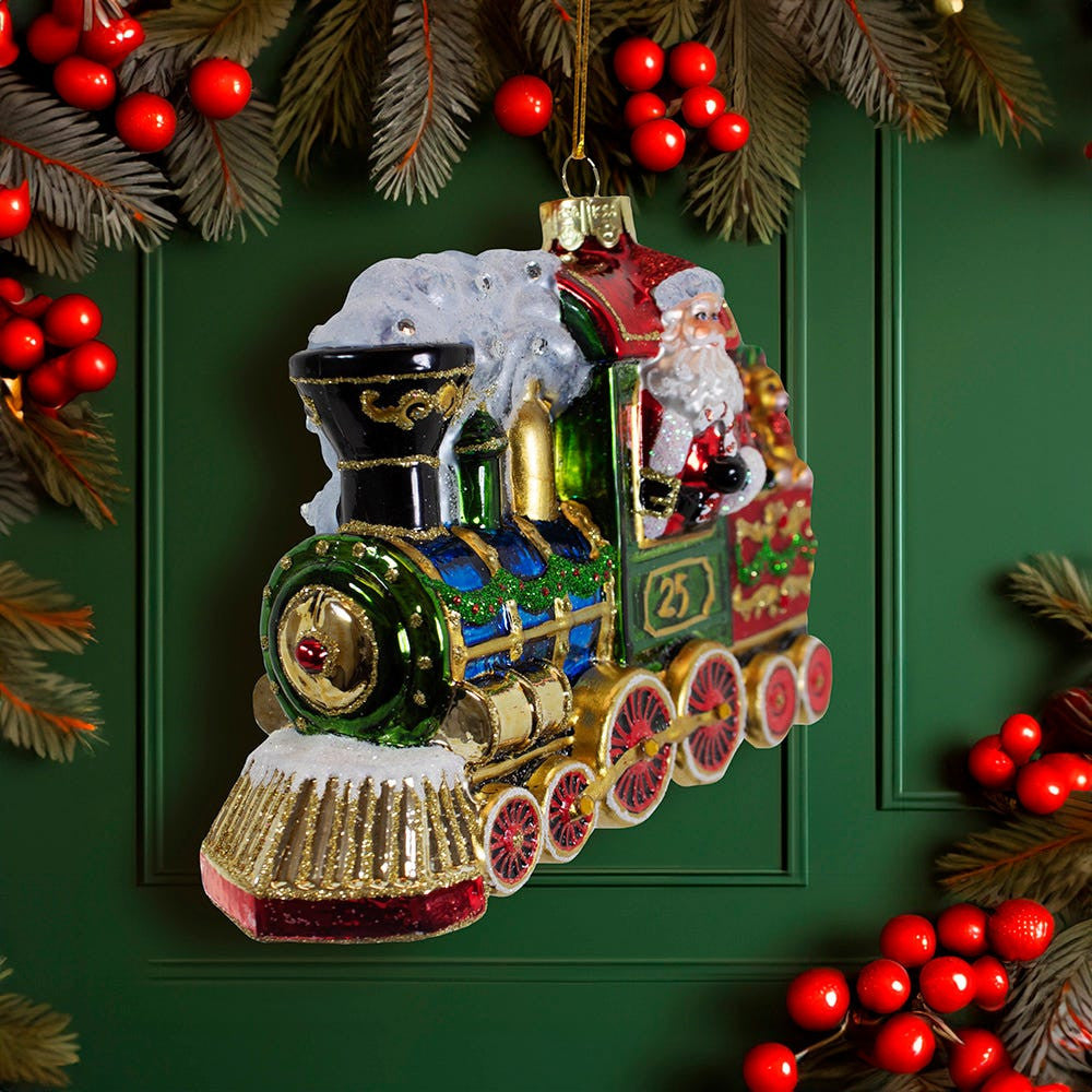 Bellissimo Glass Santa With Train Ornament