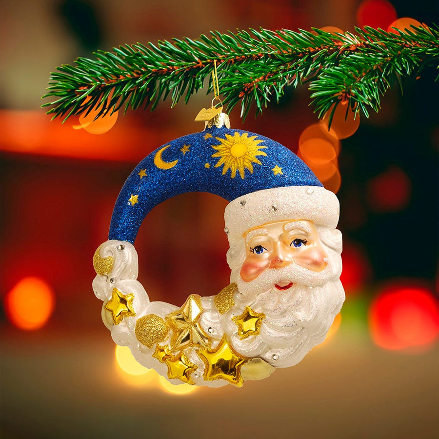 Bellissimo Glass Moon Santa Ornament