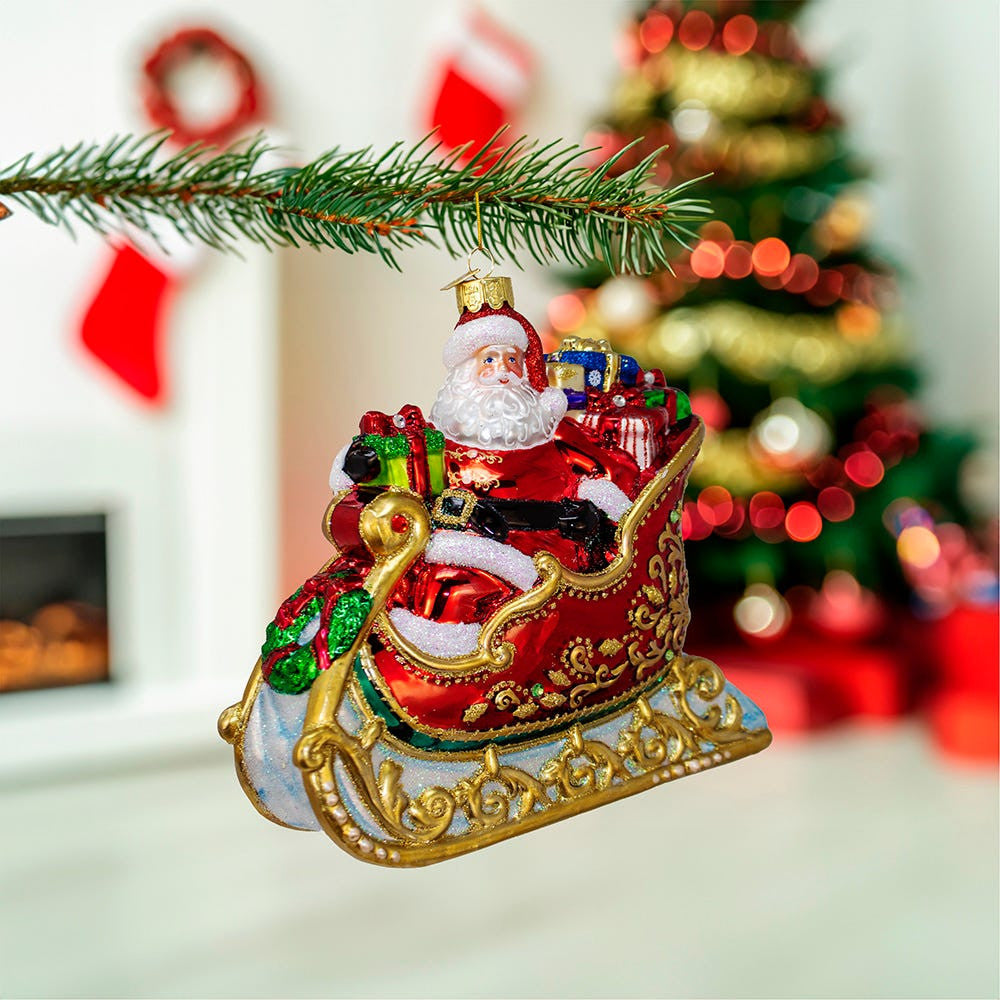 Bellissimo Glass Santa In Sleigh Ornament