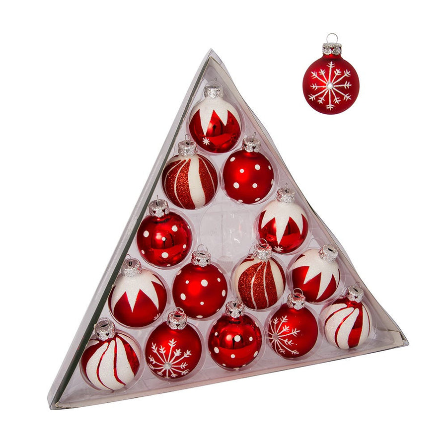 Miniature Red & White Decorated Glass Ball Ornaments