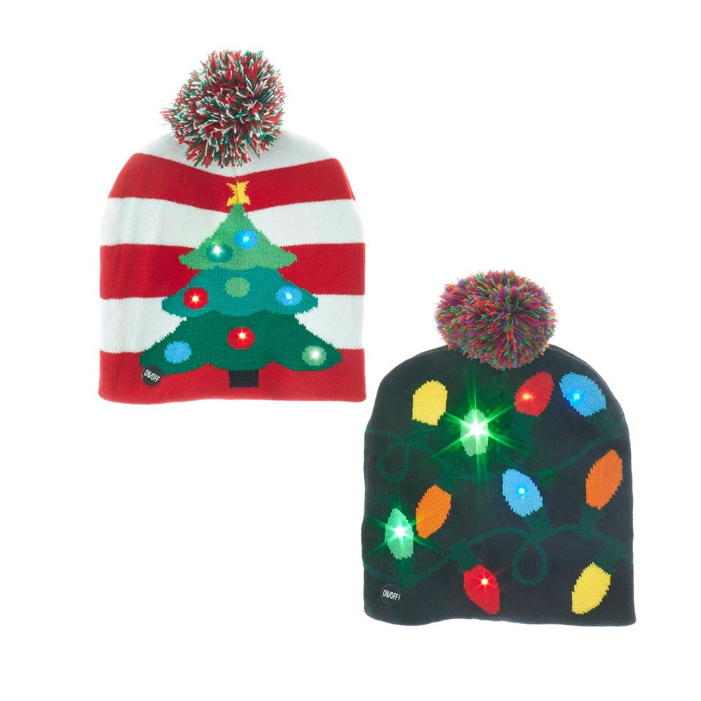 Battery Operated Knit Hat with LED Christmas Pattern