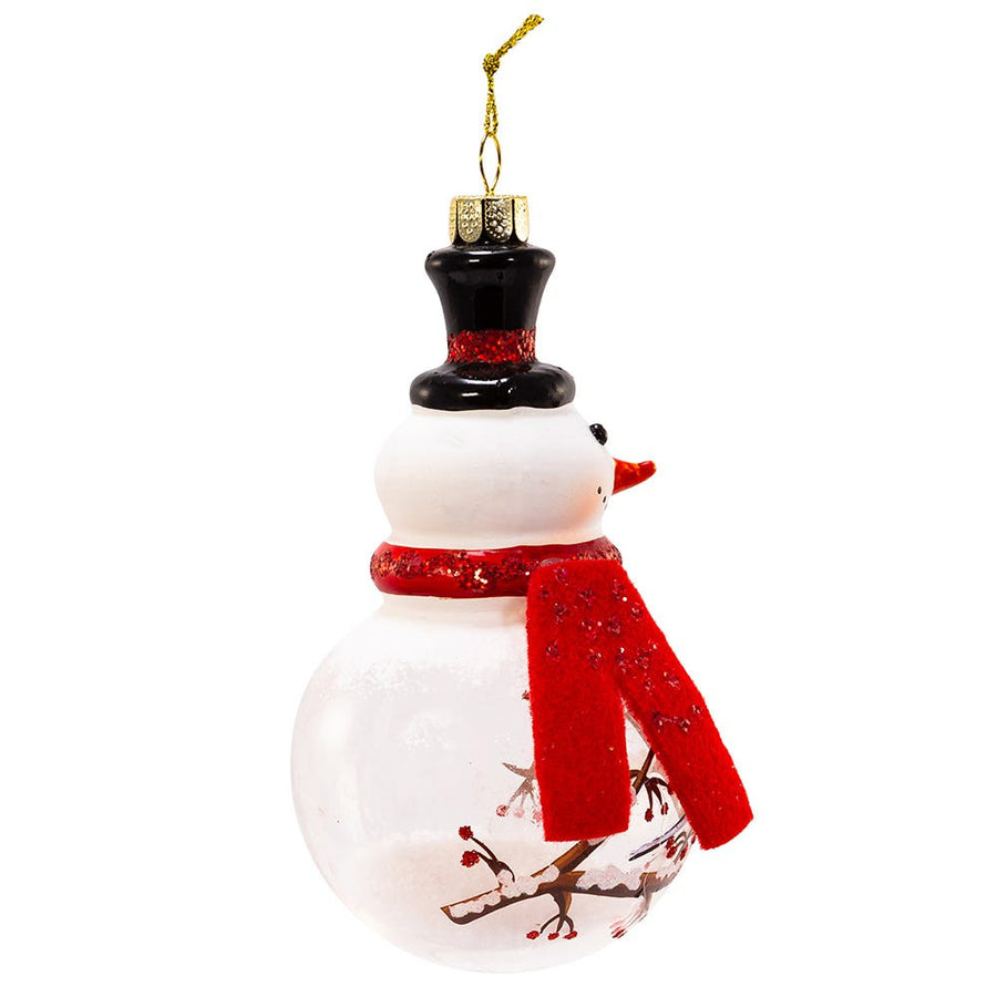 Glass Snowman With Cardinal and Chickadee Ornaments