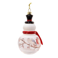 Glass Snowman With Cardinal and Chickadee Ornaments