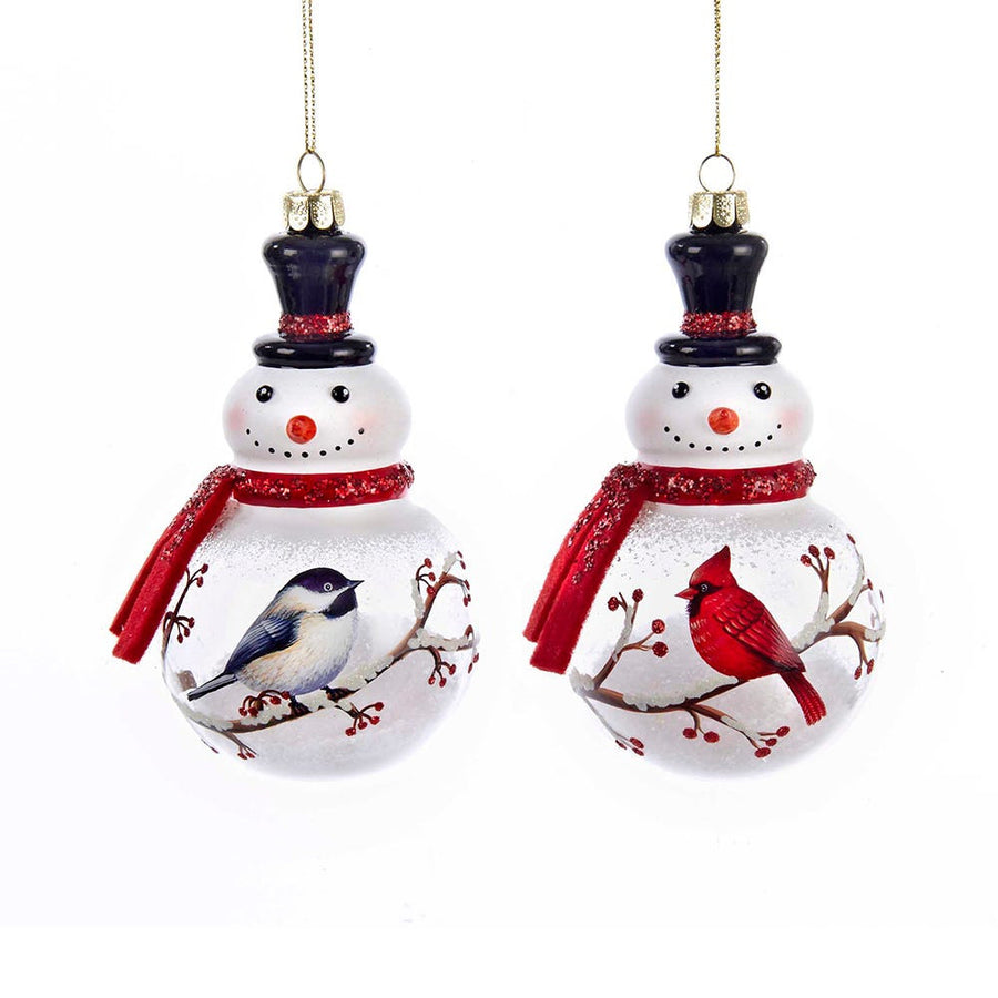 Glass Snowman With Cardinal and Chickadee Ornaments