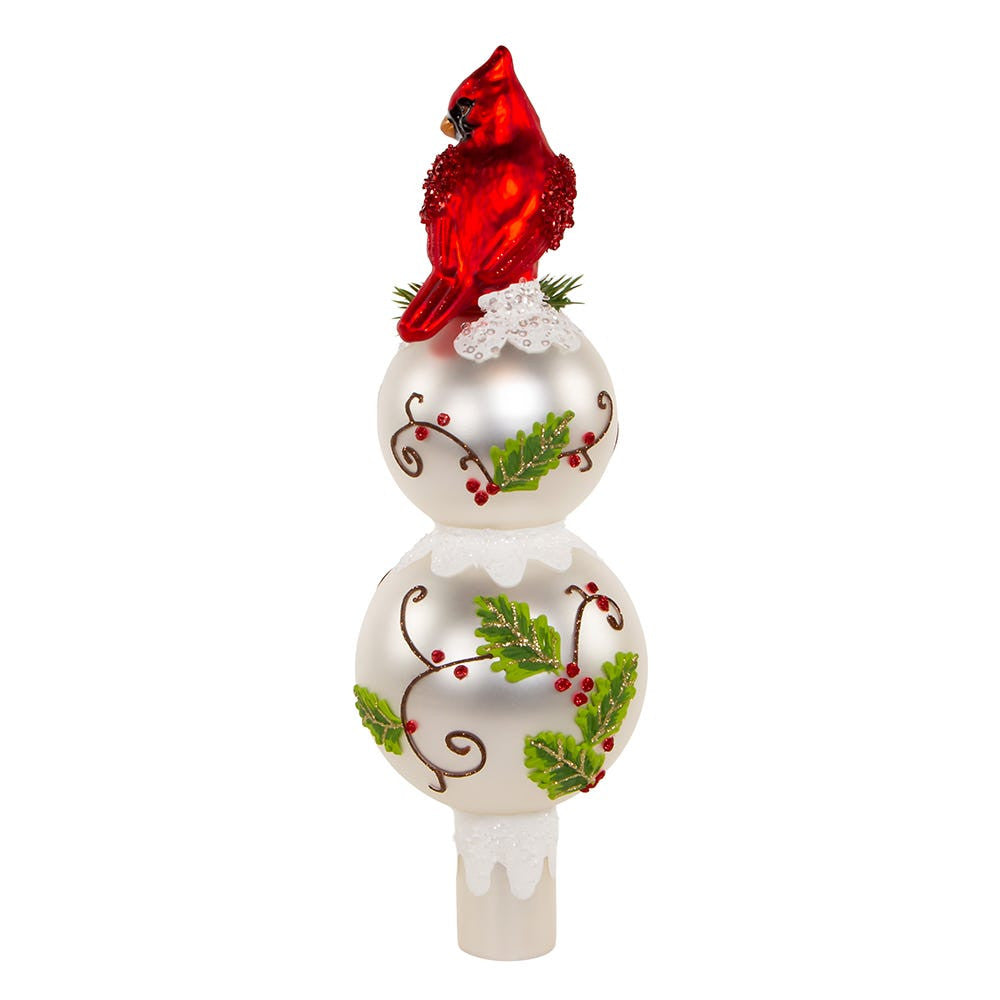 12“ Un-Lit Glass Holly Leaves and Cardinal Finial Treetop