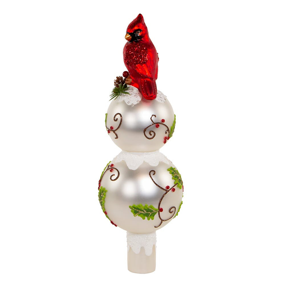 12“ Un-Lit Glass Holly Leaves and Cardinal Finial Treetop