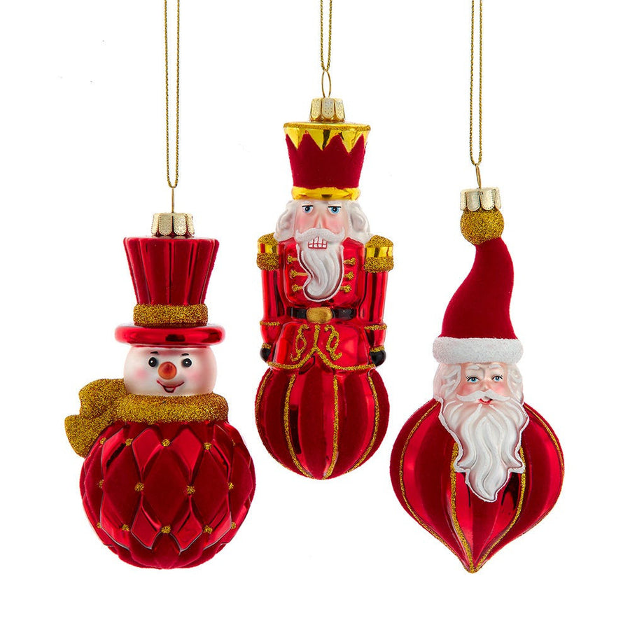 Glass Red & Gold Santa, Snowman & Nutcracker Ornaments