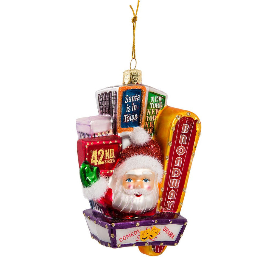 Santa On Broadway Sign Glass Ornament