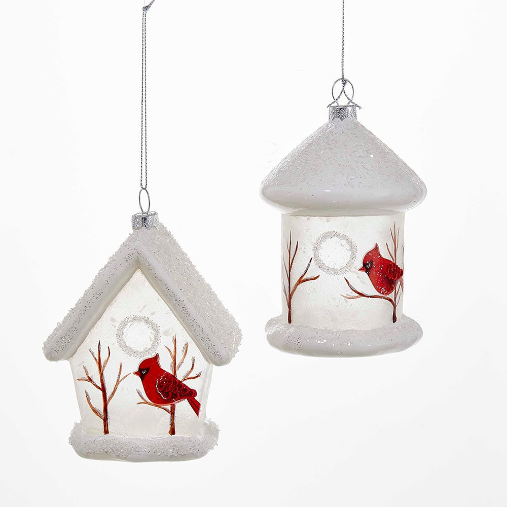 White Birdhouse With Cardinals Glass Ornaments