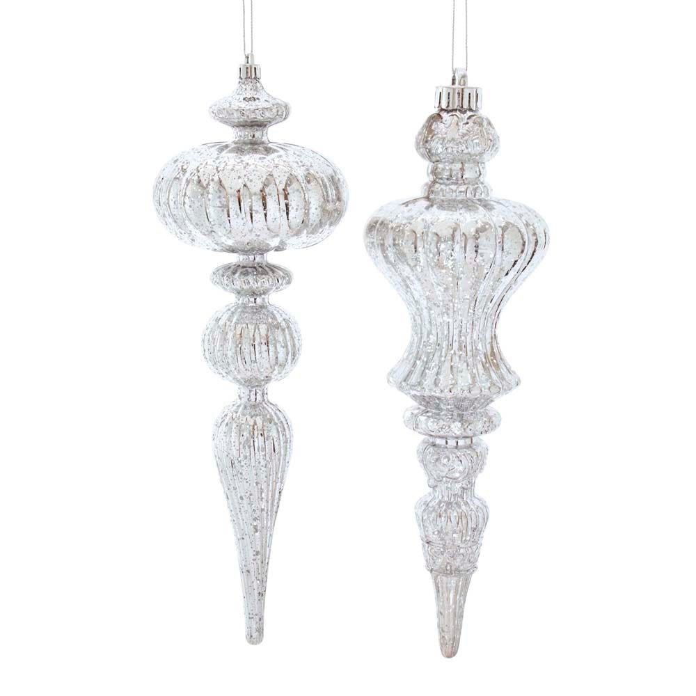 12“ Plastic Silver Distressed Finish Finial Ornaments