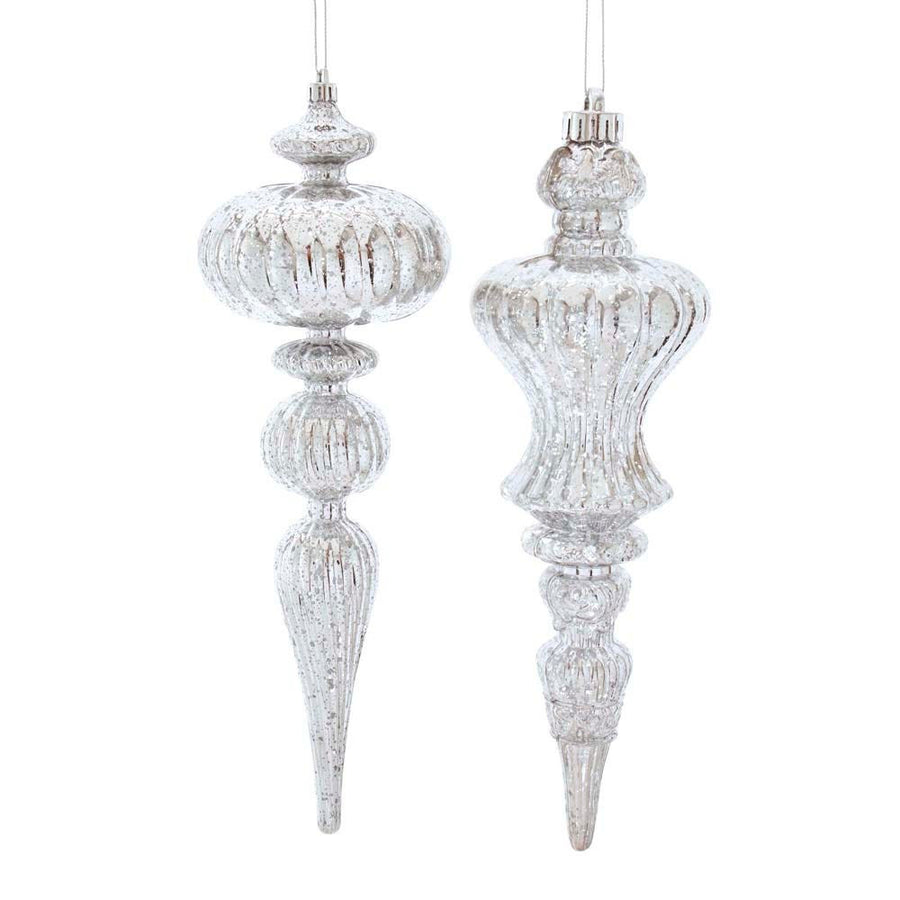 12“ Plastic Silver Distressed Finish Finial Ornaments