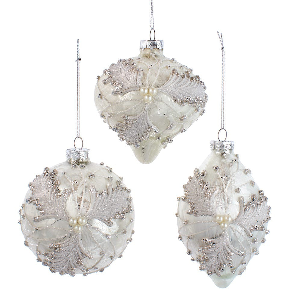 100MM Glass Silver and White Frosted Holly Ball, Drop & Finial Ornaments