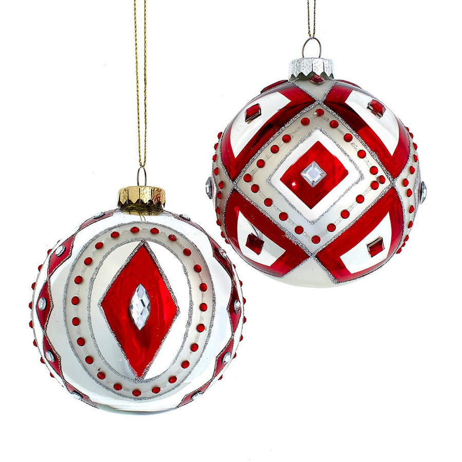 100MM Glass Red & Silver Ball Ornaments With Gemstones