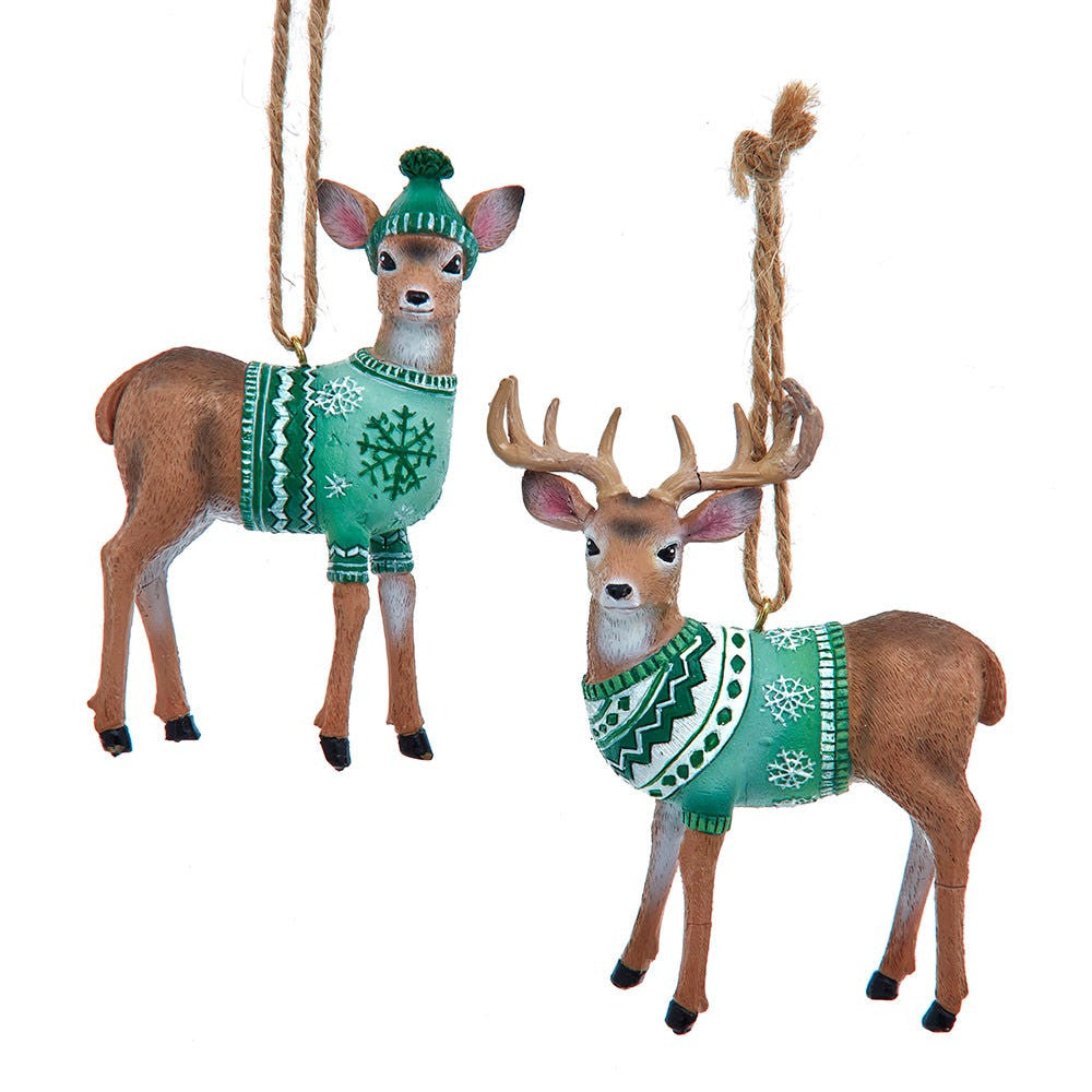 Winter Green Male & Female Deer With Green Sweater Ornaments