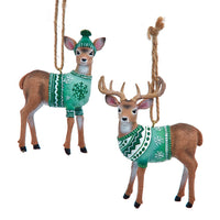 Winter Green Male & Female Deer With Green Sweater Ornaments