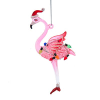 Glass Flamingo With String Lights Ornament