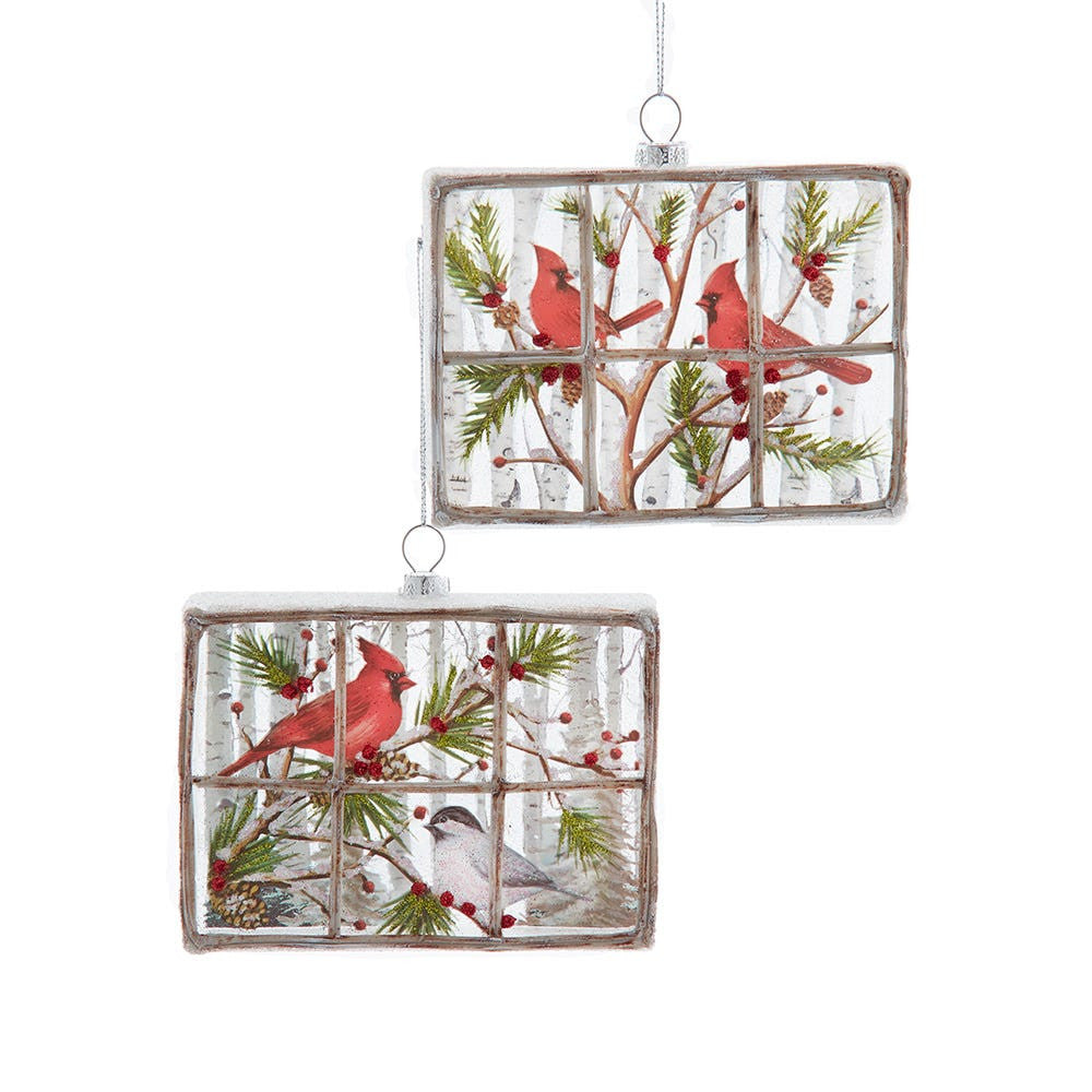 Glass Window Pane With Cardinal Ornaments