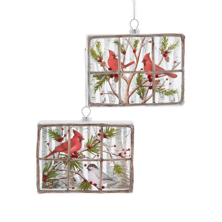 Glass Window Pane With Cardinal Ornaments