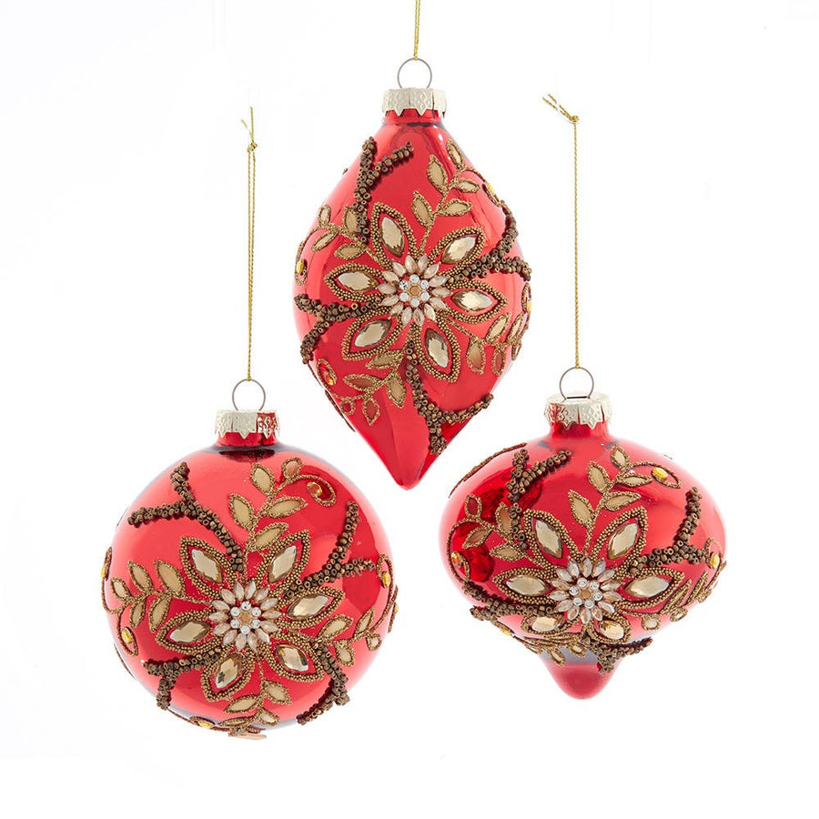 100MM Glass Red & Gold With Jewels Ball, Onion & Finial Ornaments
