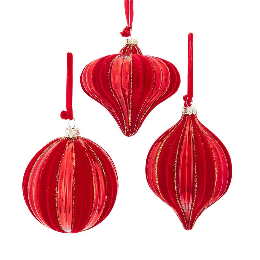 100MM Glass Flocked Red With Gold Glitter Ball, Onion & Finial Ornaments