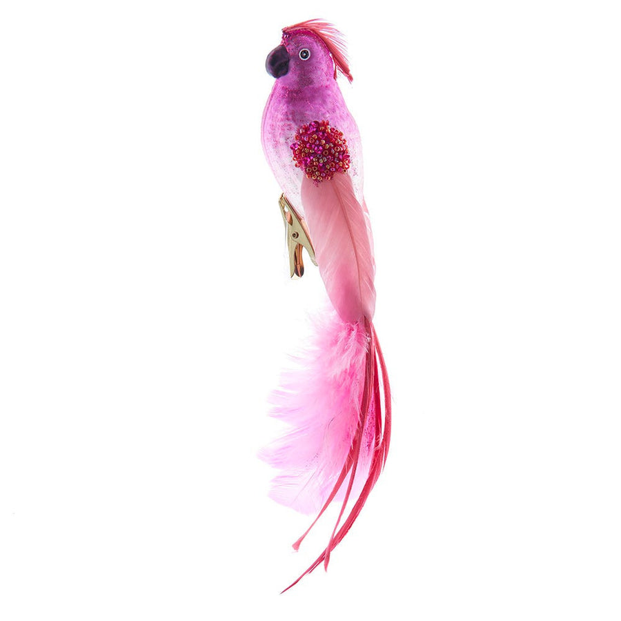 Glass Pink Parrot With Clip Ornament