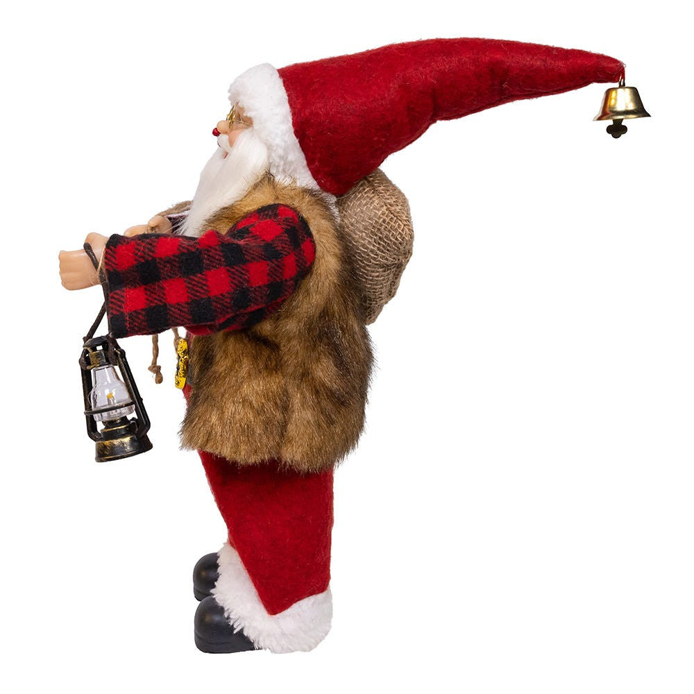 12“ Standing Christmas Santa With Plaid Shirt, Sack & Lantern