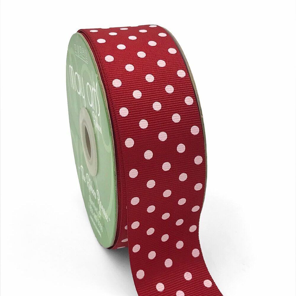 1.5 Inch Grosgrain Printed Dots Ribbon with Woven Edge – DD-5-14D RED/WHITE DOTS