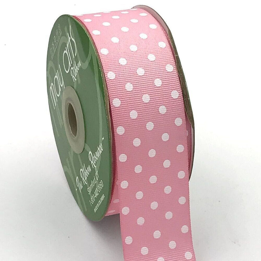 1.5 Inch Grosgrain Printed Dots Ribbon with Woven Edge – DD-5-17D PINK/WHITE DOTS